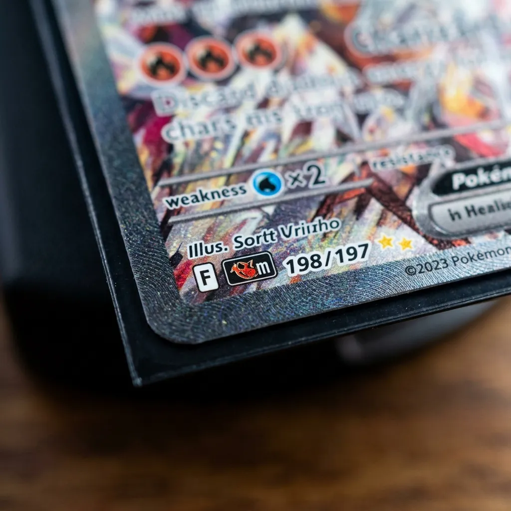 Detalhe do canto inferior esquerdo de uma carta Pokémon mostrando a Marca de Regulamentação (uma letra dentro de um retângulo branco)