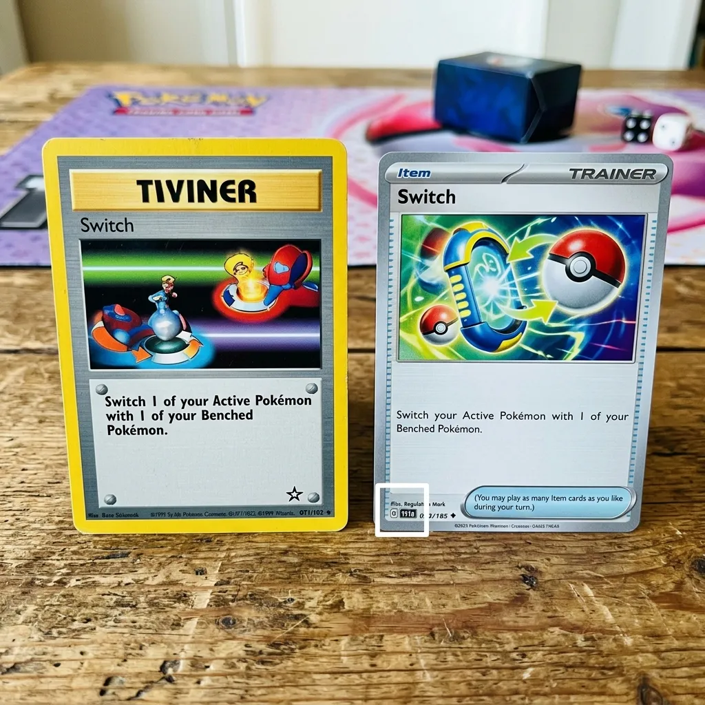 Comparação lado a lado de duas cartas ‘Substituição’ (Switch) - uma edição antiga e uma edição recente com marca de regulamentação válida